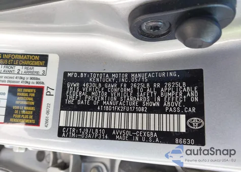 2015 Toyota Camry Hybrid Xle z USA, uszkodzony, nr VIN 4T1BD1FK2FU171082